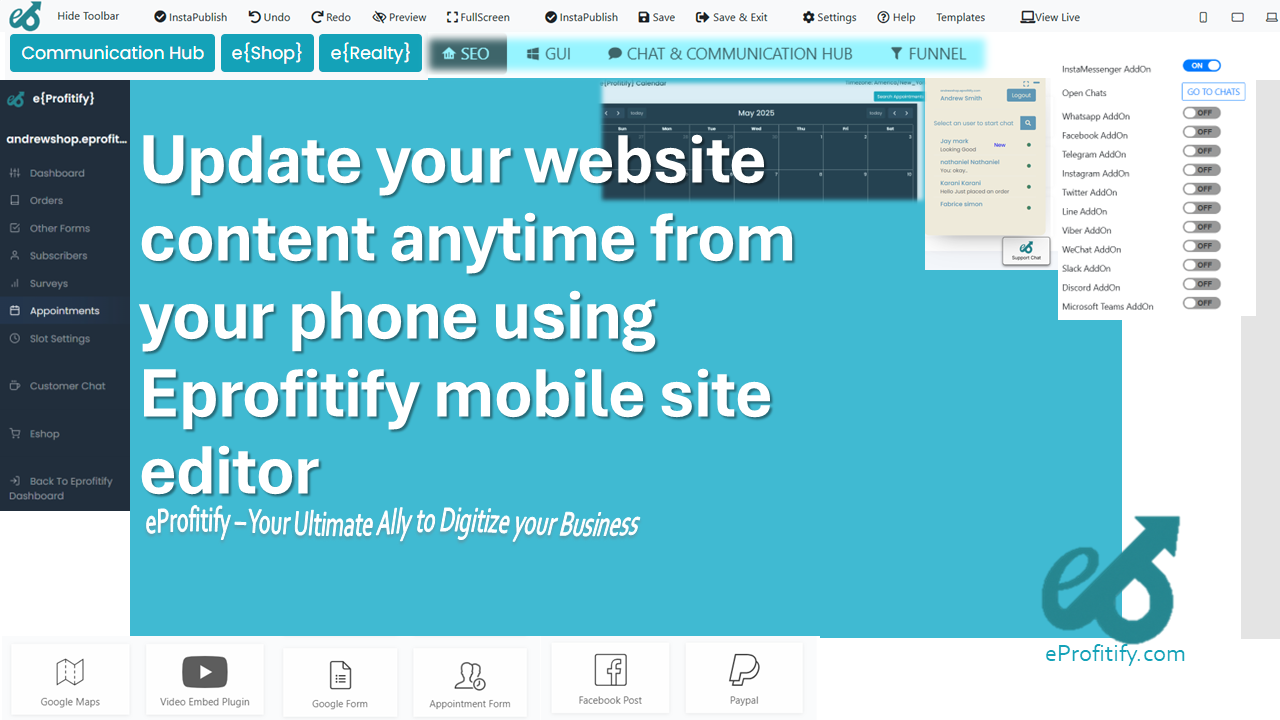 Update your website content anytime from your phone using Eprofitify mobile site editor